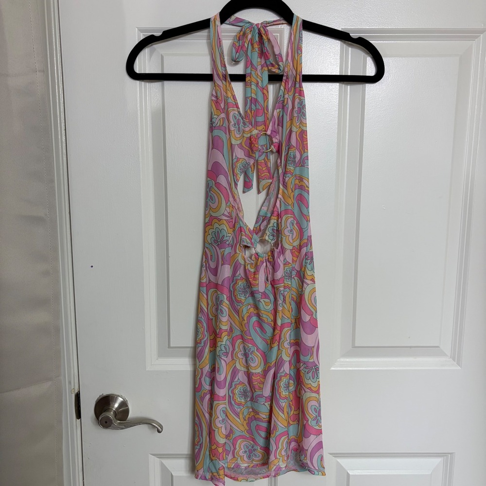 Retro 70s Psychedelic Floral Mesh Halter Mini Dress O-Ring Cutout Pink Multi